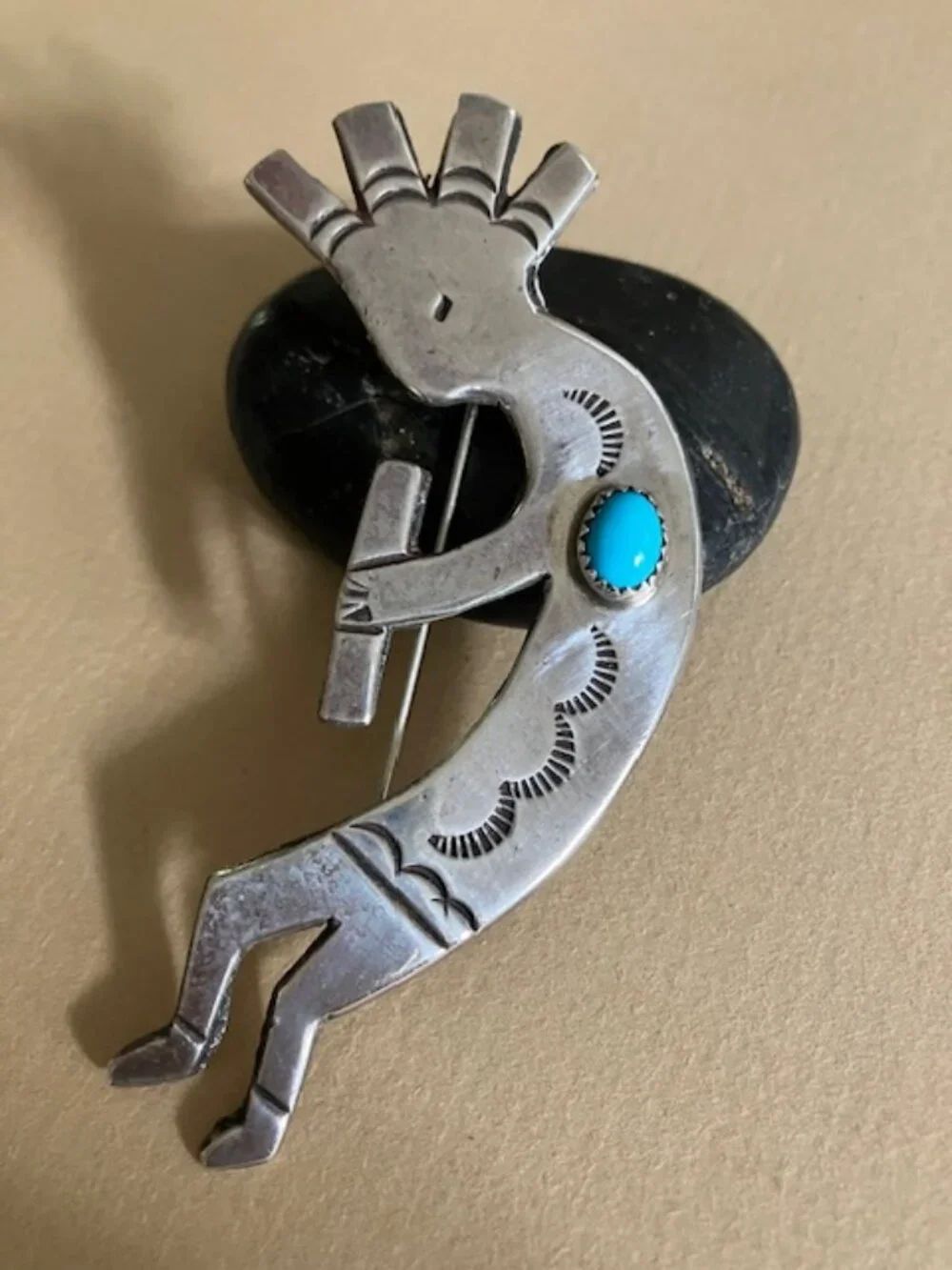 Vintage Navajo Extra Large Sterling Turquoise Kokopelli Pin Brooch